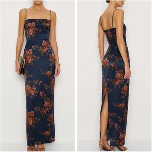 Reformation Frankie Silk Maxi Dress - Core Navy Red Floral Wedding Cocktail